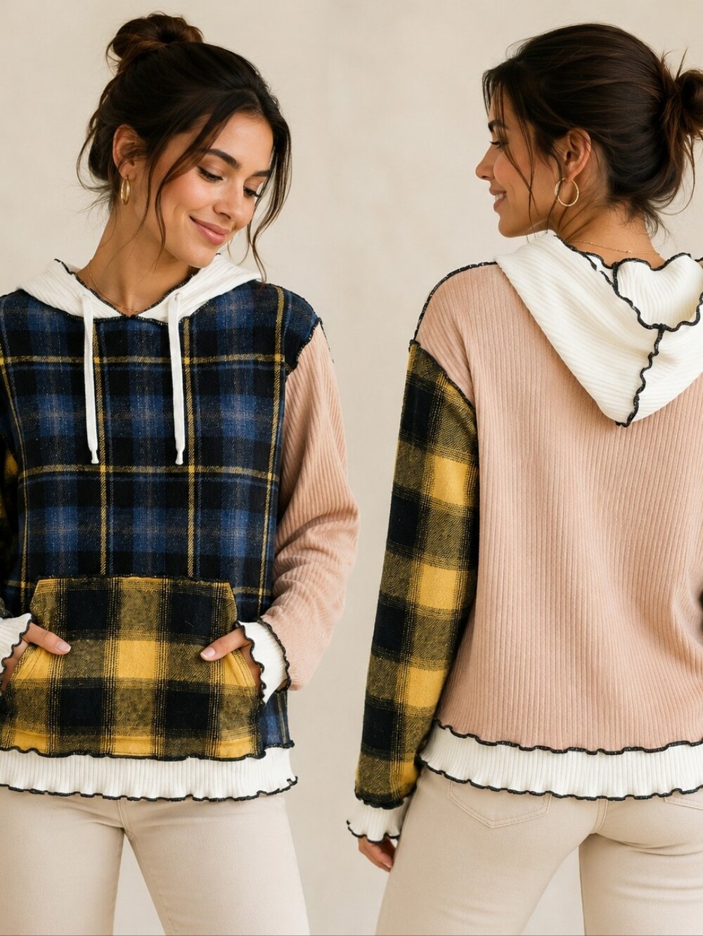 Jaded London Patchwork Plaid Mixed Media Hoodie Sweater Size US 2 Y2K Streetwear